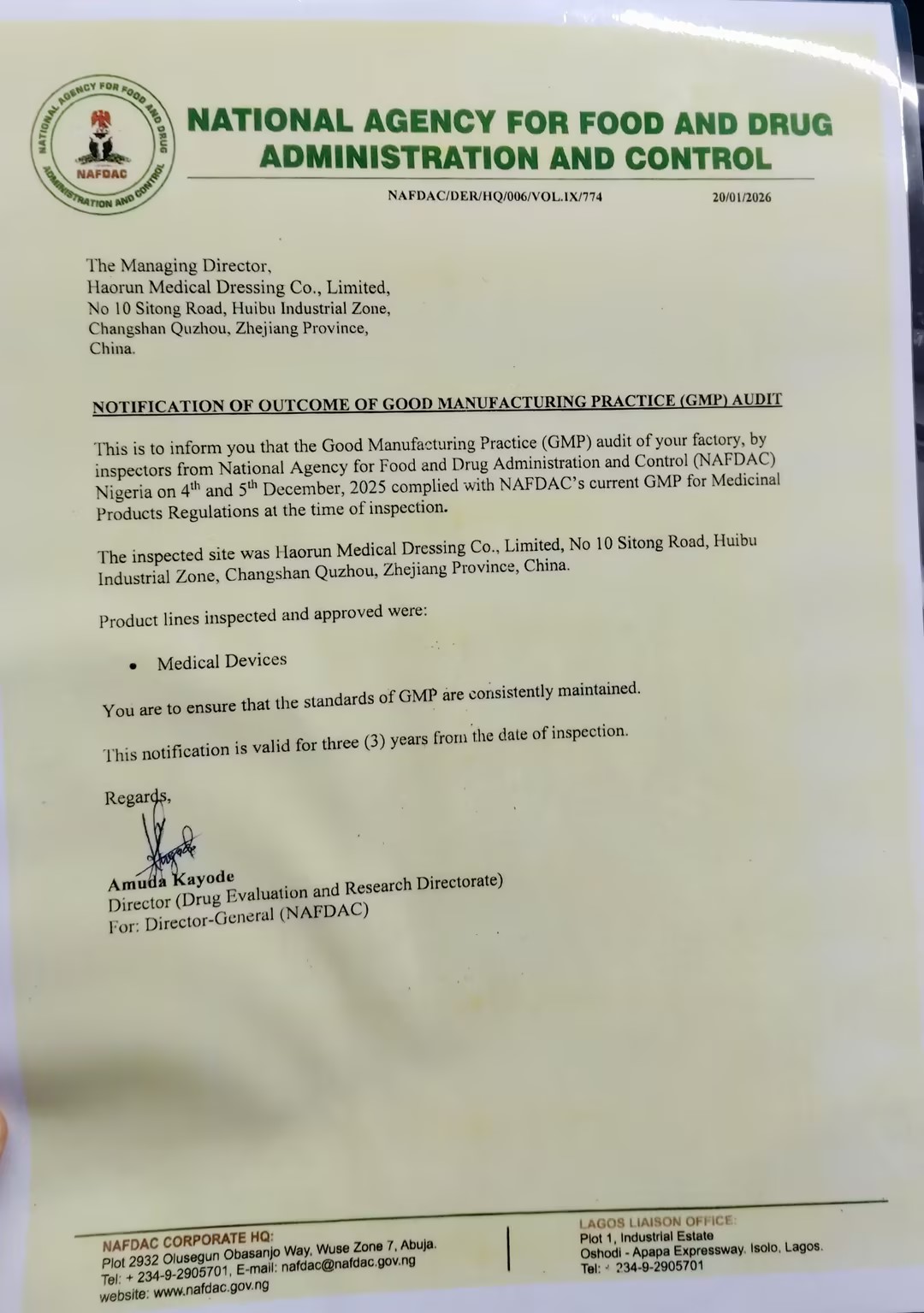 हाओरुन मेडिकल प्रोडक्ट्स को आधिकारिक तौर पर नाइजीरिया में NAFDAC पंजीकरण प्रमाणन प्राप्त हुआ